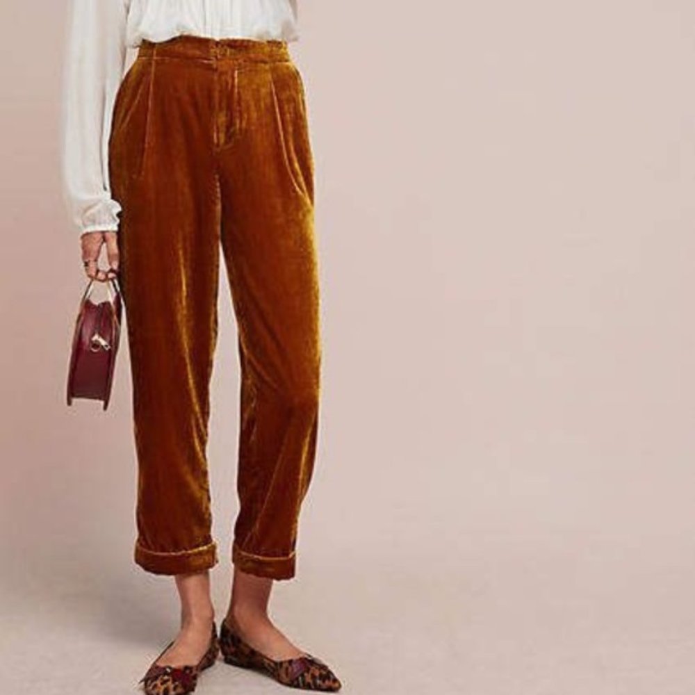 Anthropologie ett:twa Mustard Velvet Cuffed High Rise Trouser Pant SMALL